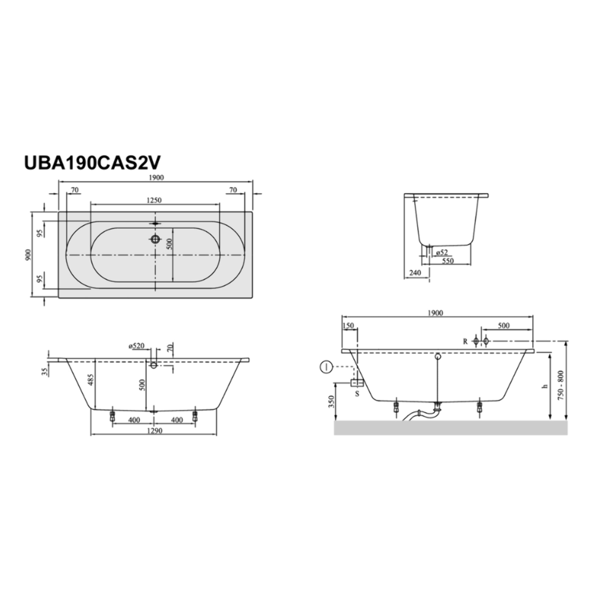 Pack baignoire 190 x 90 O Novo avec pieds et robinet