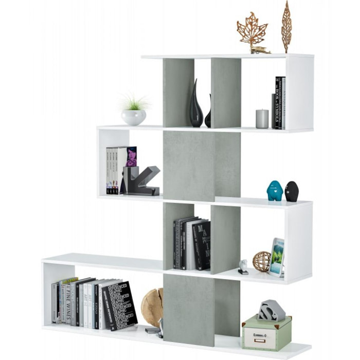 Libreria Pueblo, Mobile portalibri con 7 scomparti, Scaffale moderno da ufficio, Mobile da parete con ripiani, cm 145x29h145, Bianco e Cemento