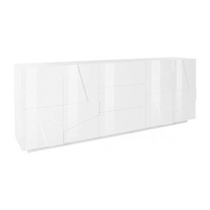 Credenza moderna a 4 ante e 3 cassetti, Made in Italy, Madia da cucina con dettaglio, Buffet di design da soggiorno, cm 224x44h86, colore Bianco lucido