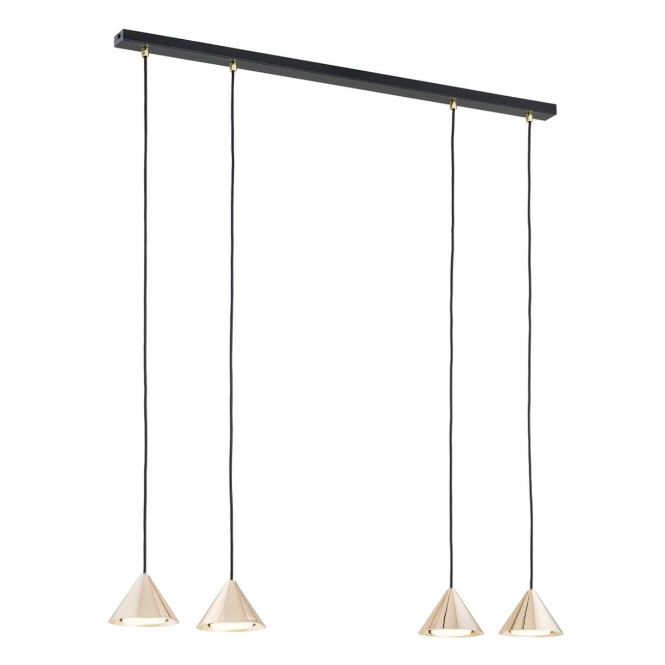 Lampada a sospensione ELIT con diffusori conici oro e struttura nera