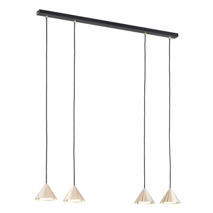 Lampada a sospensione ELIT con diffusori conici oro e struttura nera