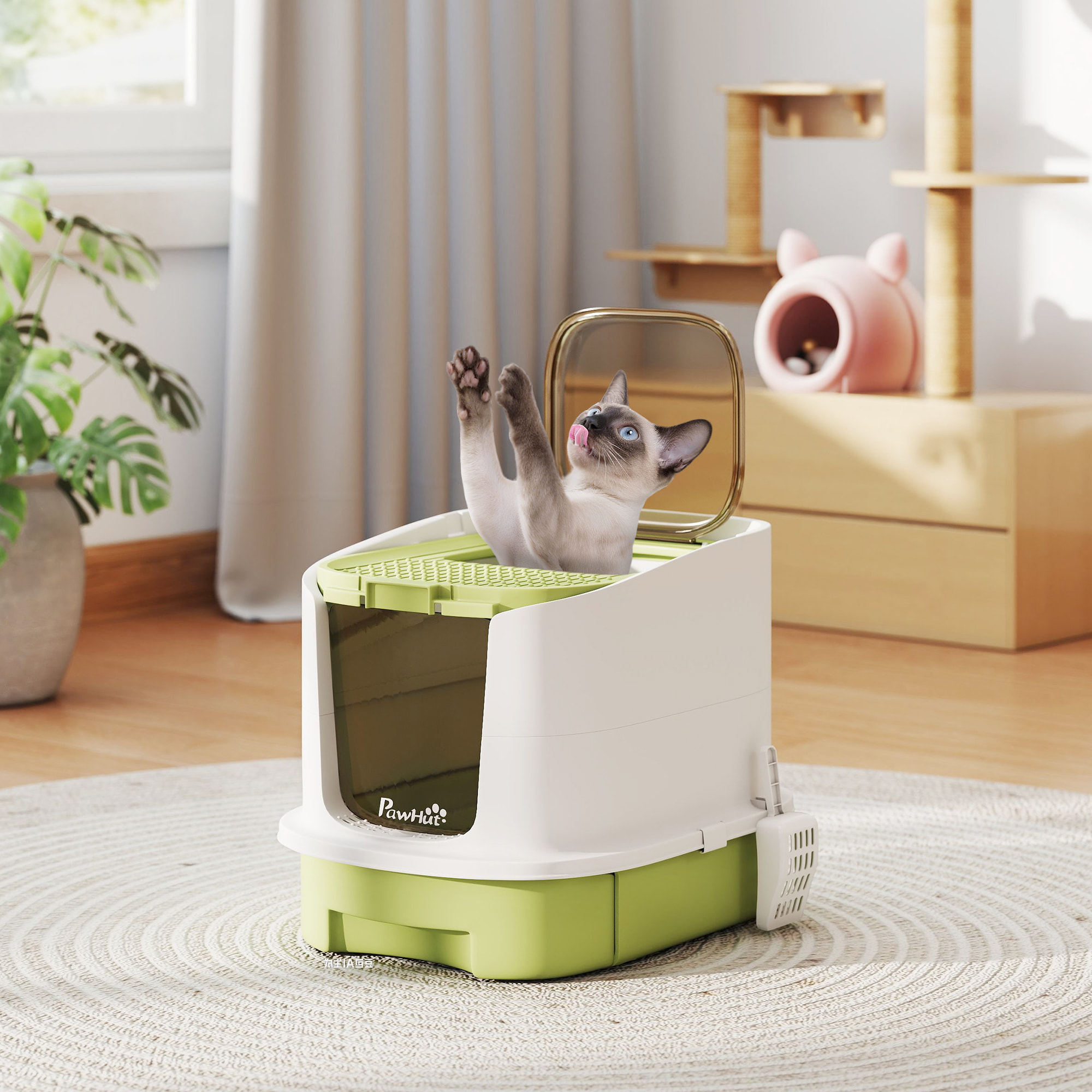 Maison de toilette pour chat - avec porte translucide, pelle, 2 sacs de désodorisation - 2 options entrée et sortie - vert