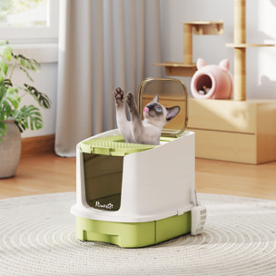 Maison de toilette pour chat - avec porte translucide, pelle, 2 sacs de désodorisation - 2 options entrée et sortie - vert