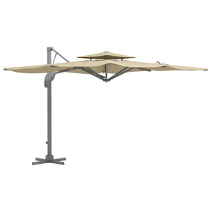 Parasol déporté carré pivotant 360° manivelle dim. 2,97L x 2,97l x 2,64H m alu. polyester beige