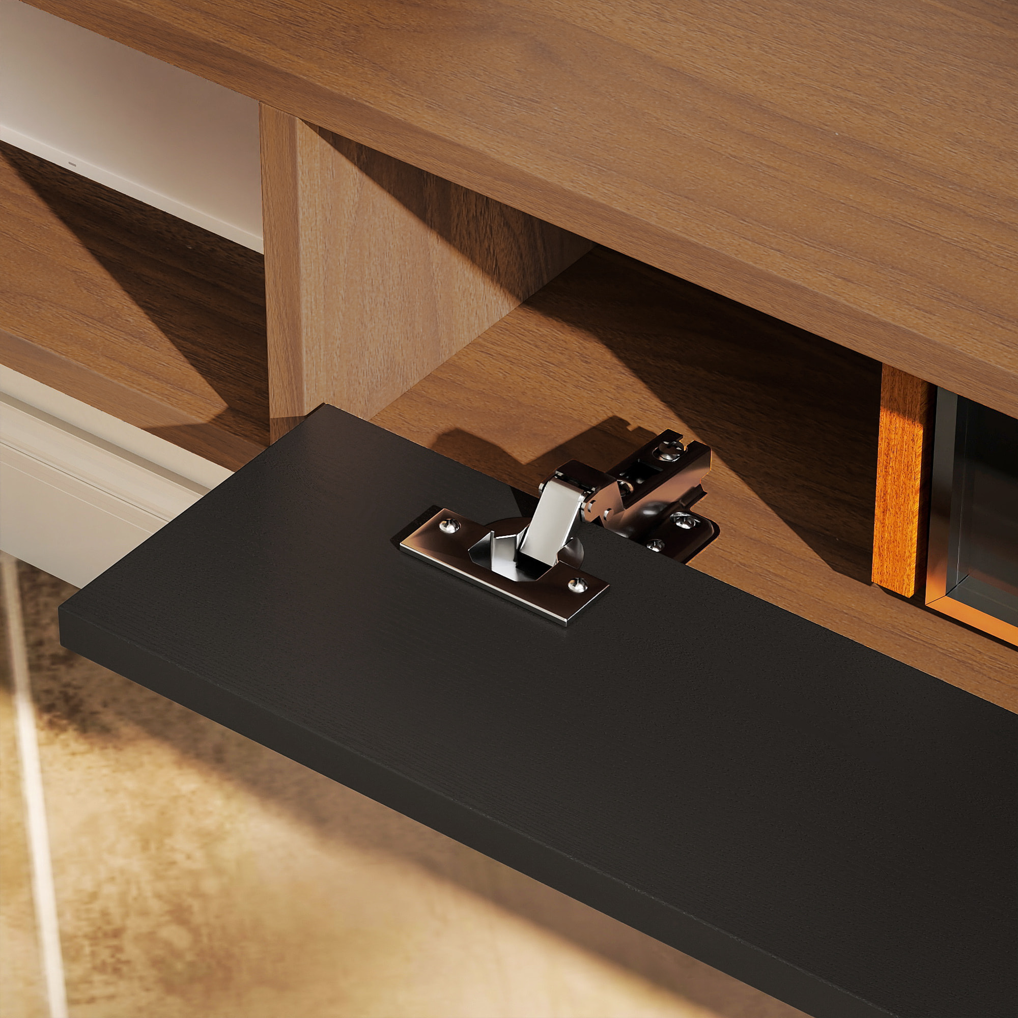 Meuble TV suspendu 140cm - porte, 2 niches, espace routeur, passe-fils - effet bois noyer noir