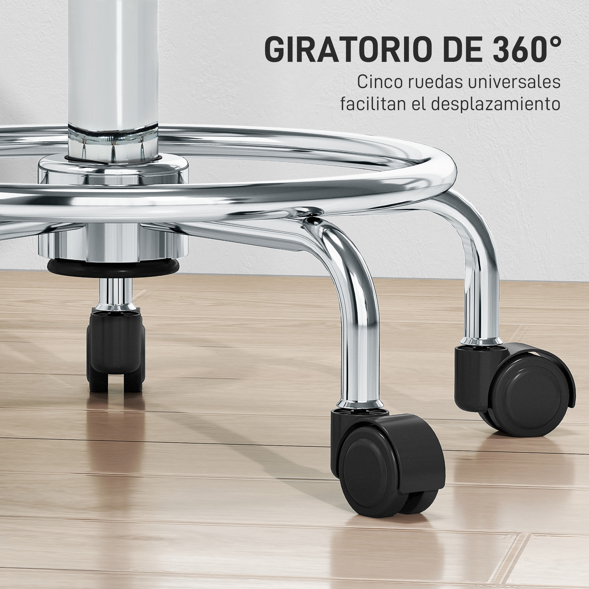 Taburete Giratorio Taburete con Ruedas Altura Regulable 50-66 cm Asiento Tapizado de Cuero Sintético Reposapiés para Salones y Talleres Gris