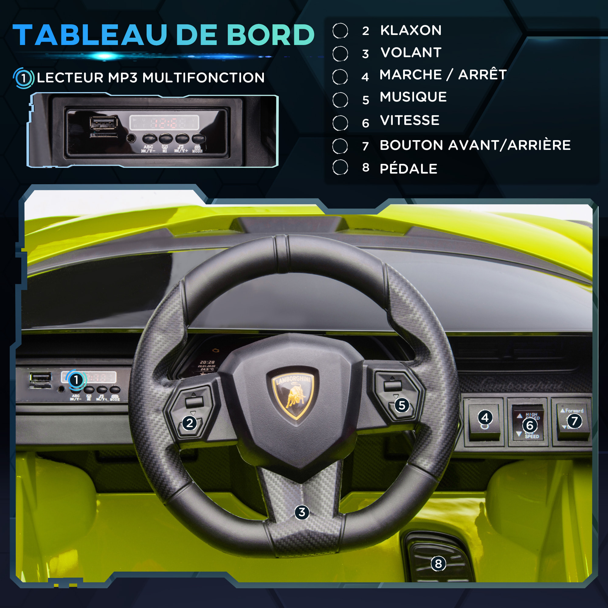 Voiture électrique enfant de sport supercar 12 V - V. max. 5 Km/h effets sonores + lumineux vert