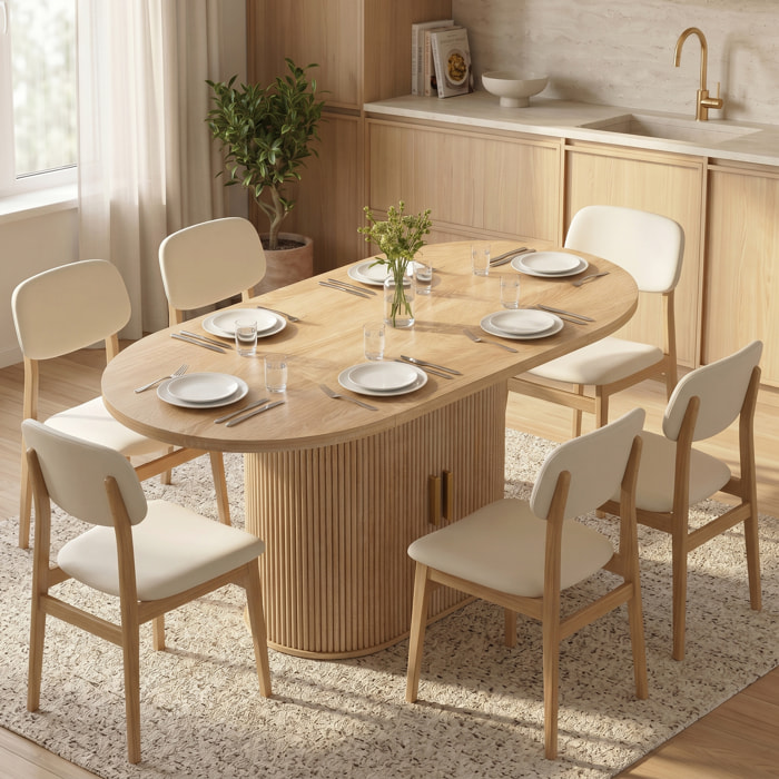 Mesa de Comedor Ovalada, Mesa de Cocina para 6 Personas con Tablero Grueso, Puertas Correderas Tipo Persiana, 6 Compartimentos, Estilo Farmhouse, para Sala de Estar, 140x70x75 cm, Roble
