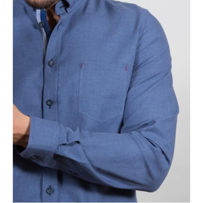 Camicia Uomo 1 Bottone Italiano Slim Flanella Unita Blu avion
