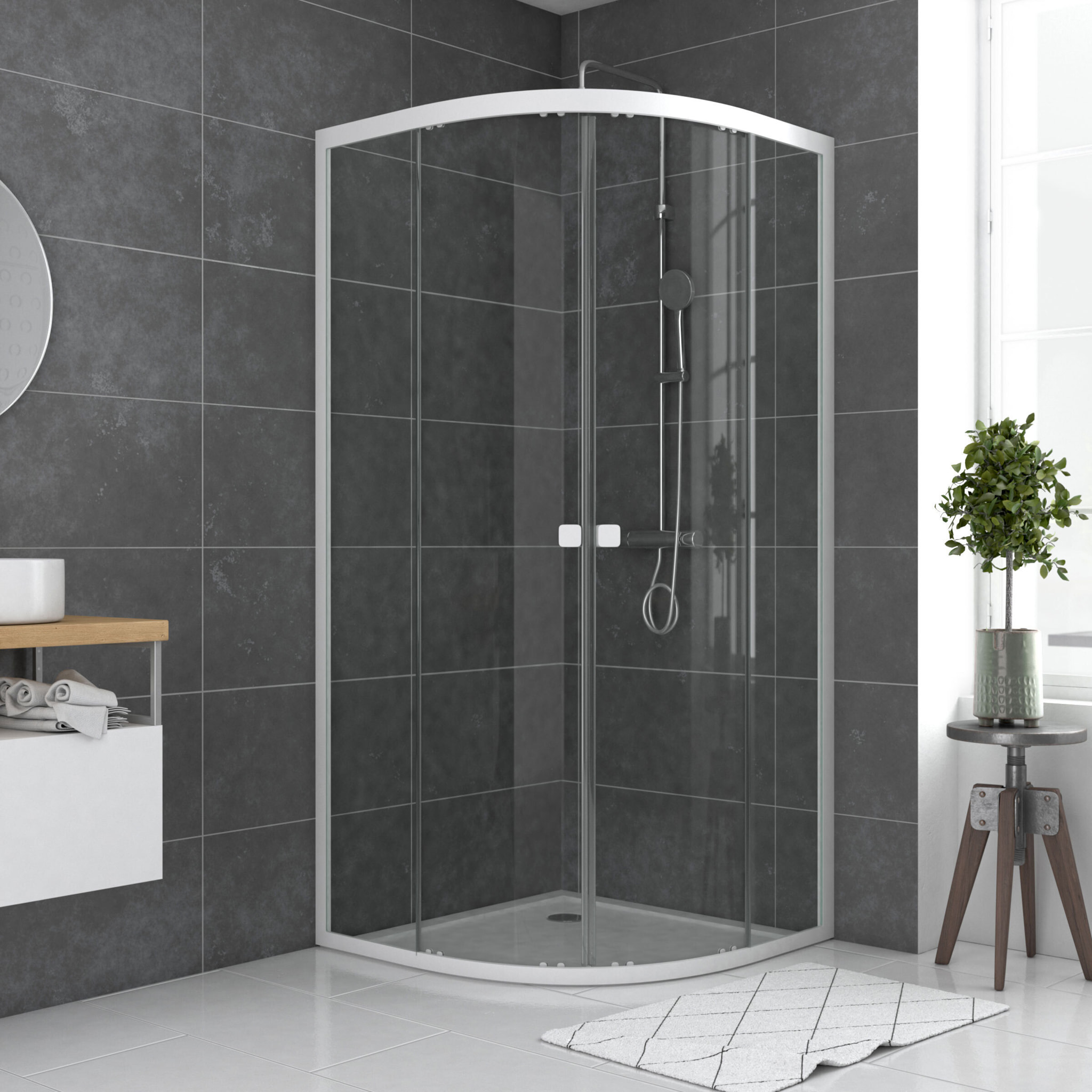 Porte de douche 1/4 cercle blanc 90x90cm de largeur - verre transparent - WHITY ROUND
