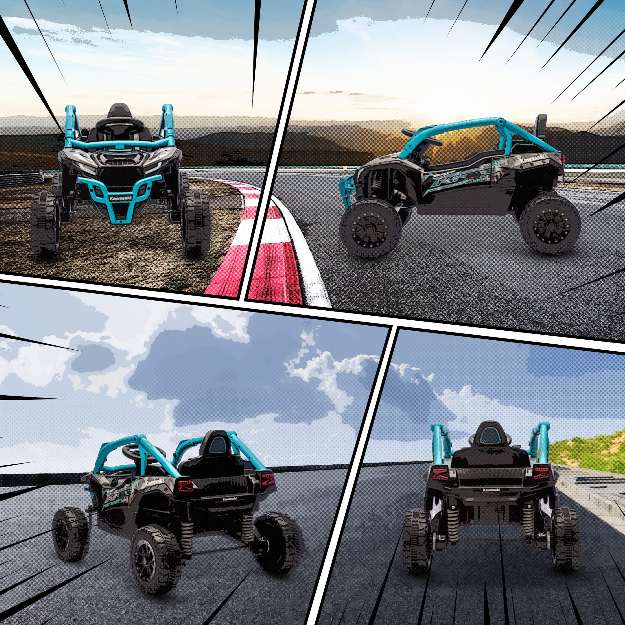 Coche Eléctrico para Niños 12V, Kawasaki Teryx KRX 1000, Coche de Batería UTV con 2 Motores, Control Remoto 2,4G, Suspensión Trasera, Faros, USB, para Niños de +3 Años, Azul