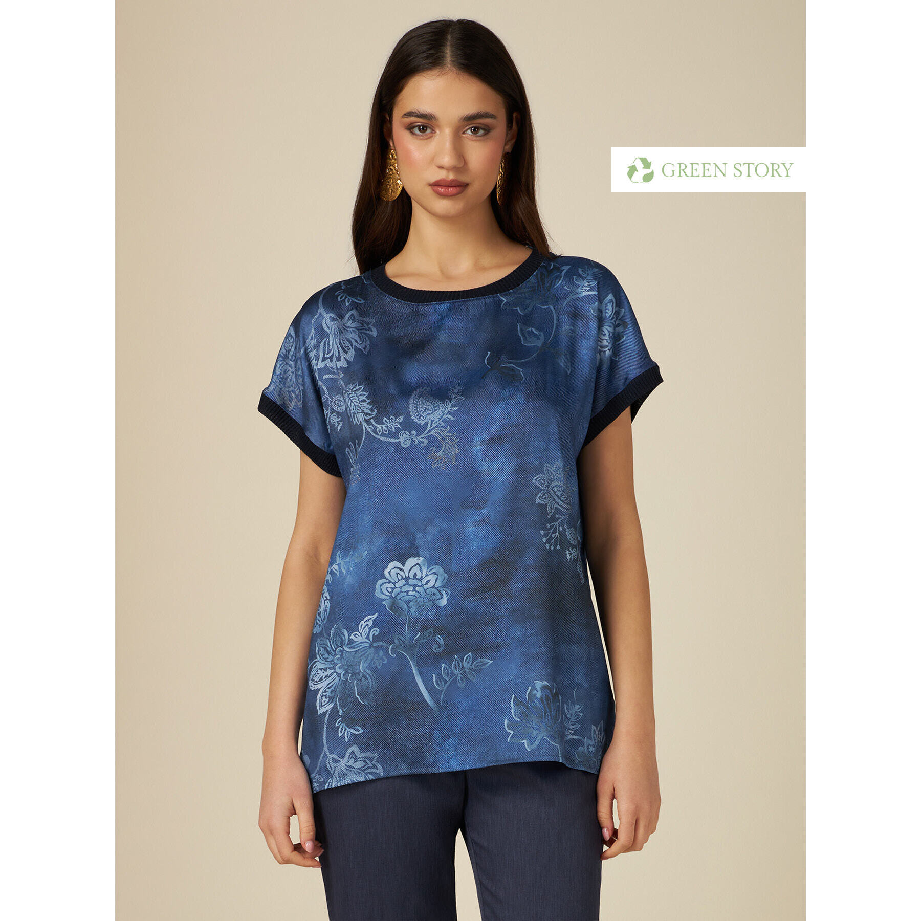 Oltre - Blusa a t-shirt in raso fantasia - Blu