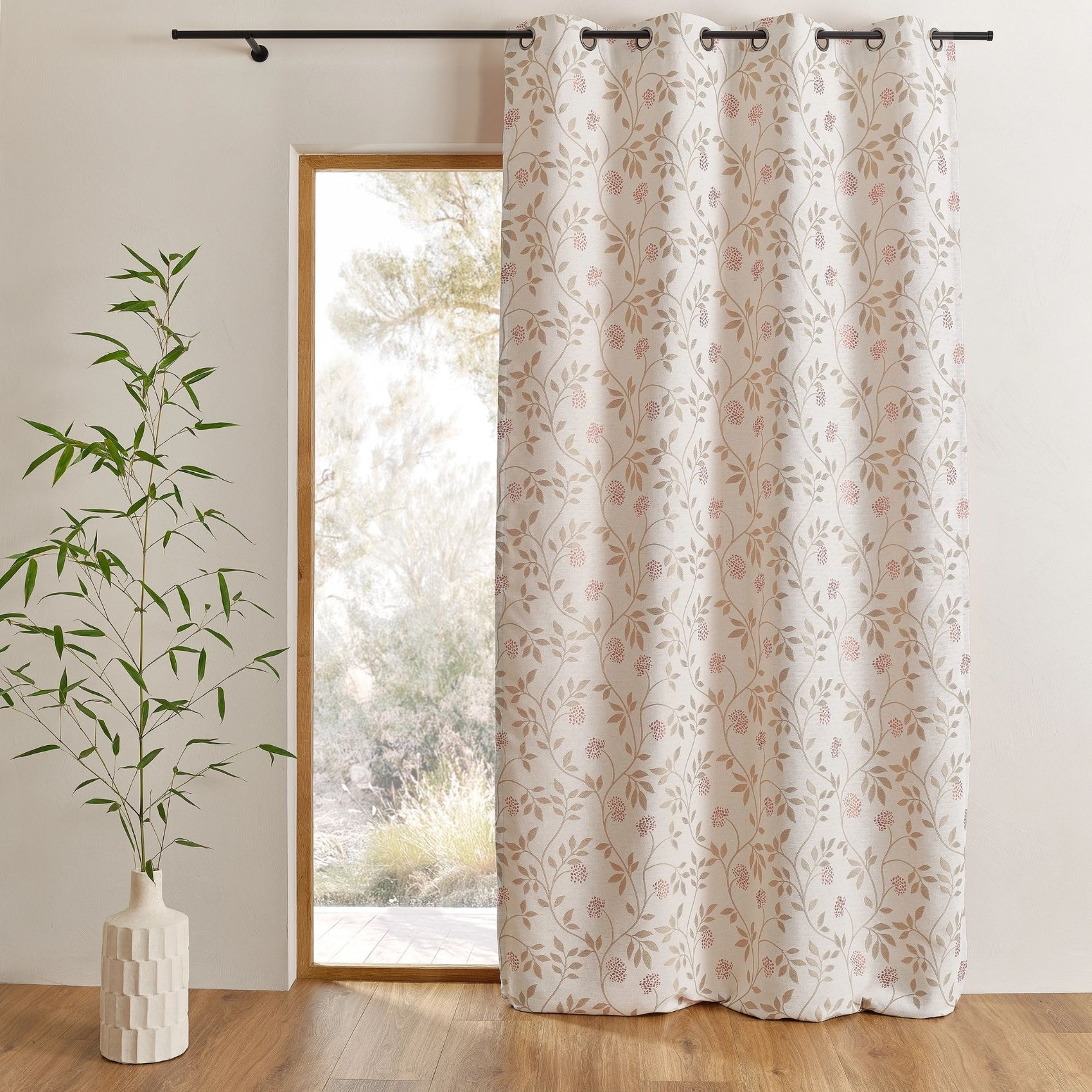 Rideau jacquard polycoton motifs végétaux - Beige