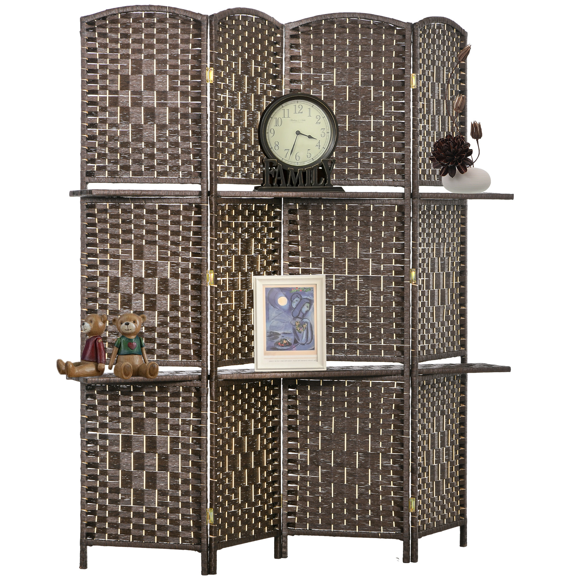 Paravent séparateur de pièce 4 panneaux pliables dim. 160L x 170H cm - 2 étagères - bois fibre papier brun