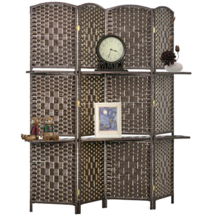 Paravent séparateur de pièce 4 panneaux pliables dim. 160L x 170H cm - 2 étagères - bois fibre papier brun
