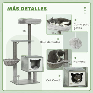 Árbol Rascador para Gatos, Árbol para Gatos 126 cm, Torre Escalador con Plataformas, Hamaca, Cueva, Cama, Postes de Sisal, Bolas y Cojines Lavables, Gris