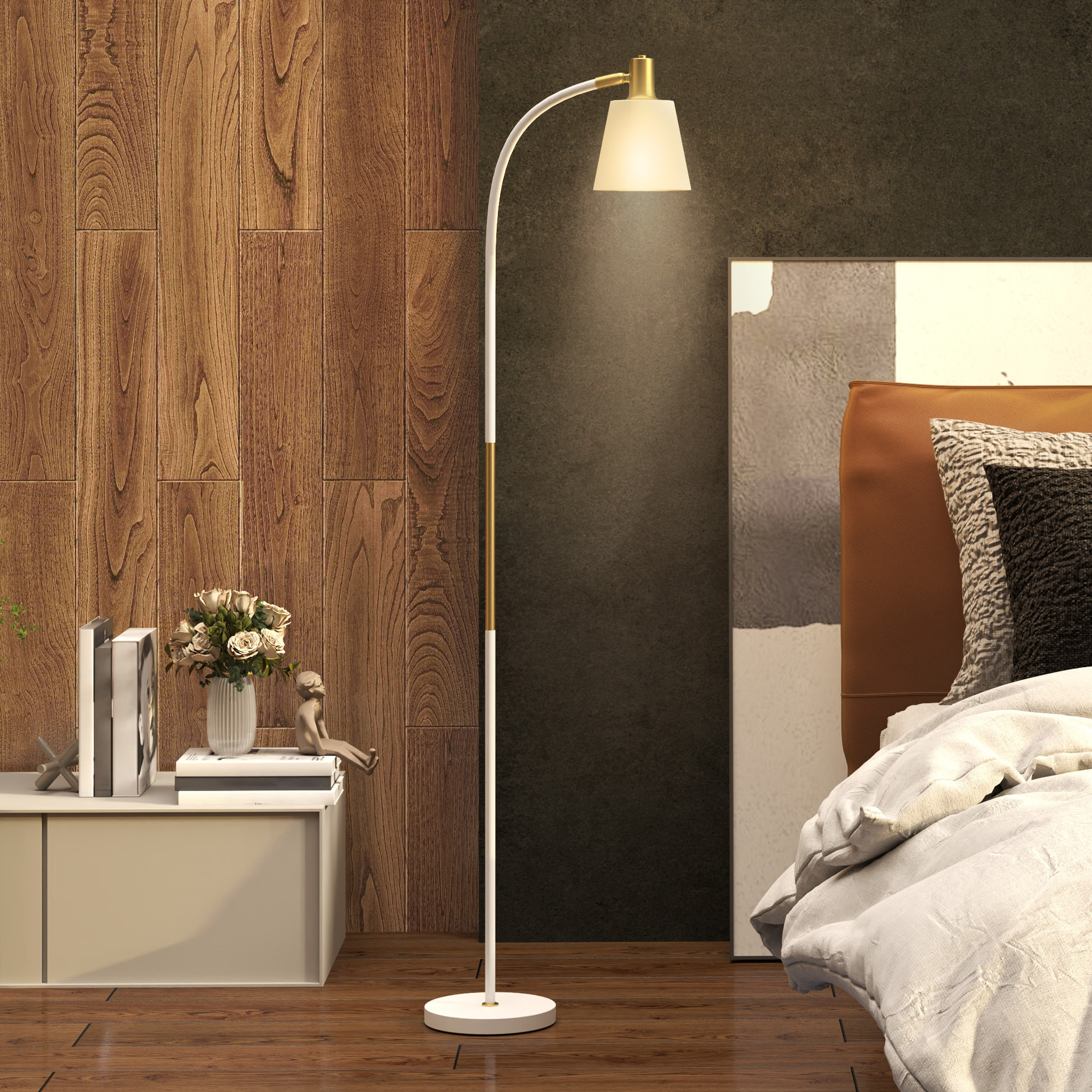 Lámpara de Pie LED Lámpara de Pie Salón con Altura Ajustable Pantalla Interruptor Basculante para Sala de Estar Oficina Dormitorio Blanco y Dorado
