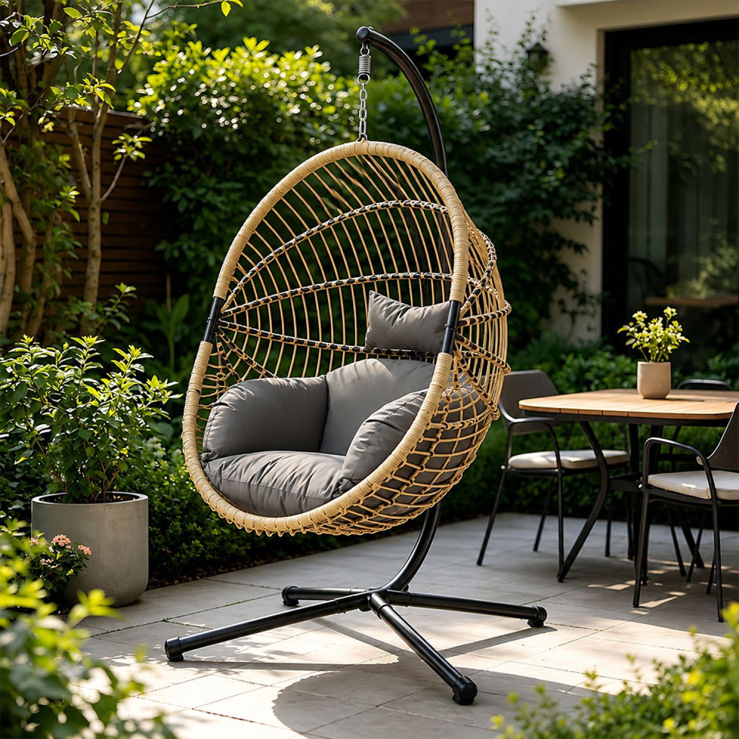 Fauteuil suspendu effet rotin avec coussin gris FLORESTA
