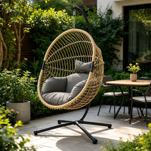 Fauteuil suspendu effet rotin avec coussin gris FLORESTA