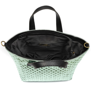 Cassandra bolso tote mujer. Piel auténtica Gamuza con grabado entrelazado y lacada brillante.