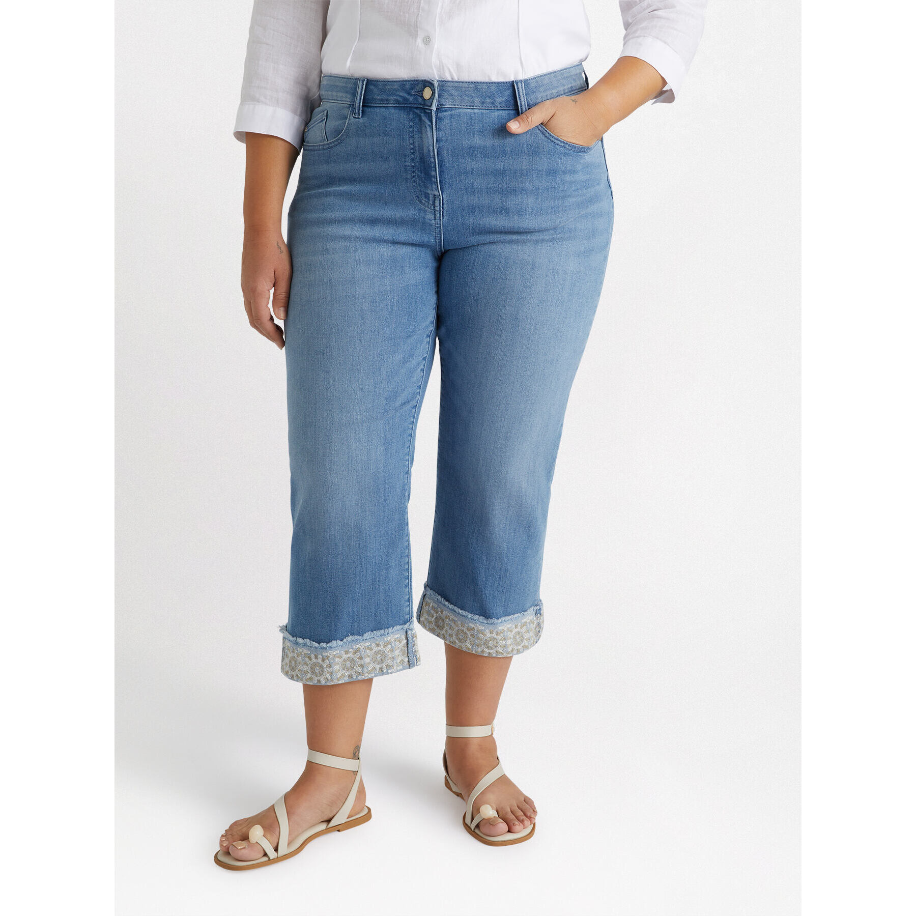 Fiorella Rubino - Vaqueros cropped con borde de encaje - Light - blue