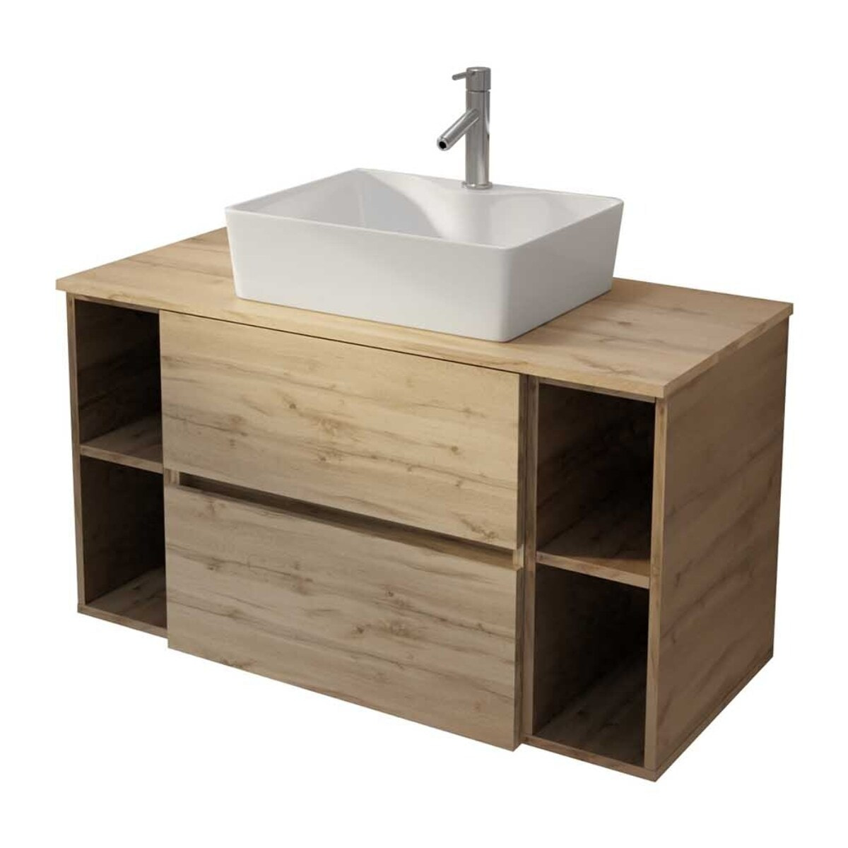 Meuble de salle de bains 100cm TIMBER Décor Chêne 2 Tiroirs - Vasque Rectangulaire Blanche