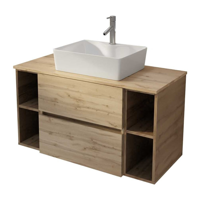 Meuble de salle de bains 100cm TIMBER Décor Chêne 2 Tiroirs - Vasque Rectangulaire Blanche