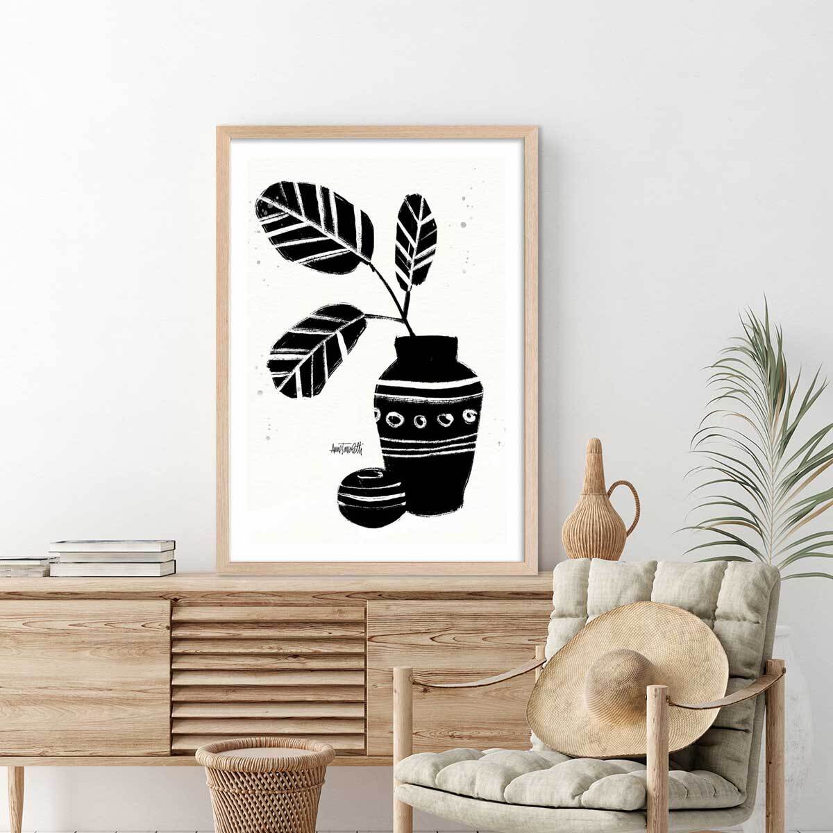 Illustration Botanique et Poterie azteque Affiche + cadre en bois - Chêne