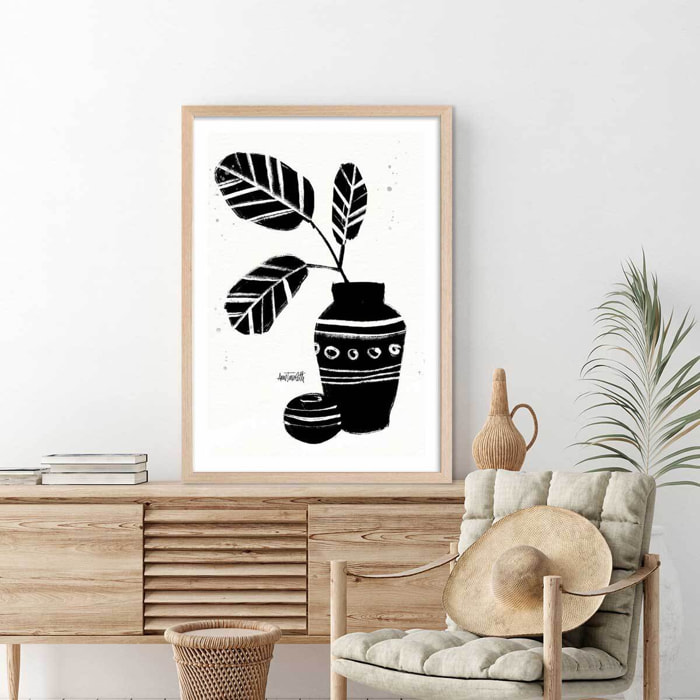 Illustration Botanique et Poterie azteque Affiche + cadre en bois - Chêne
