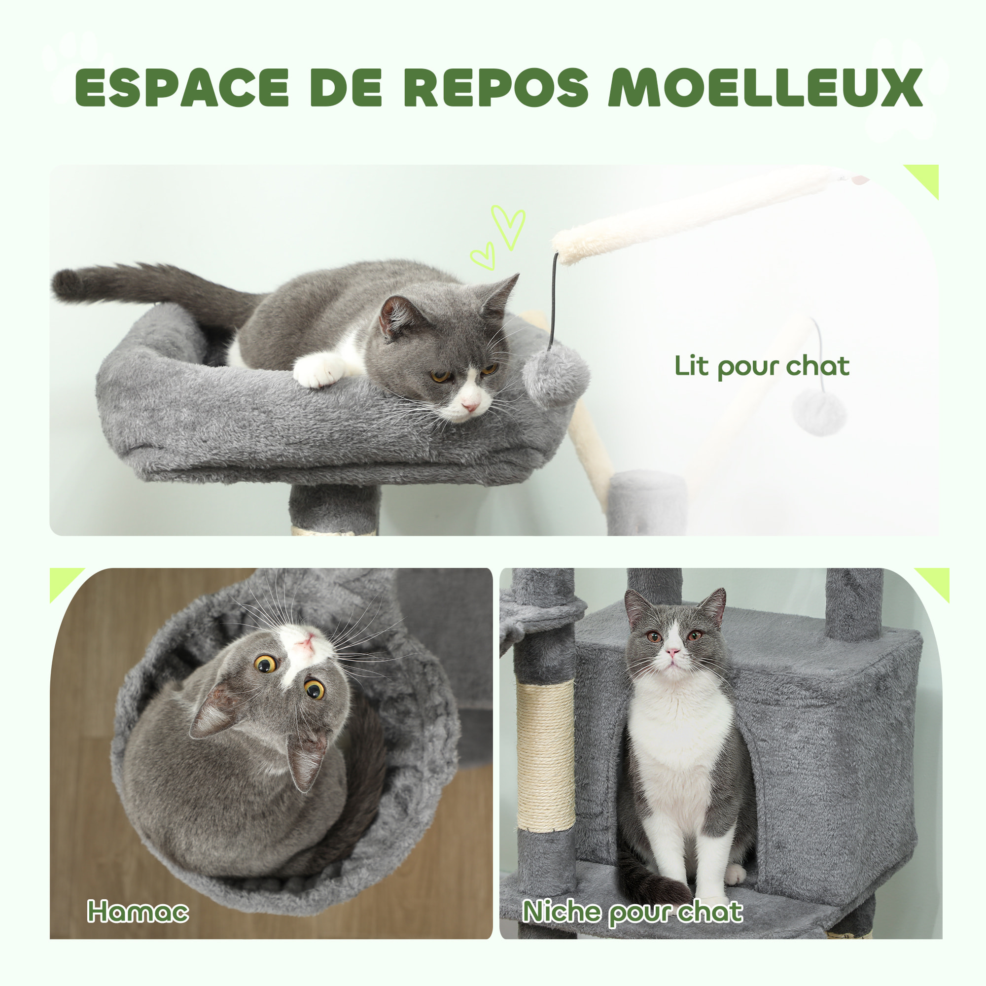 Arbre à chat multi-équipé niche hamac plateforme 3 boules griffoirs grattoir gris