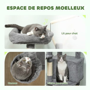 Arbre à chat multi-équipé niche hamac plateforme 3 boules griffoirs grattoir gris