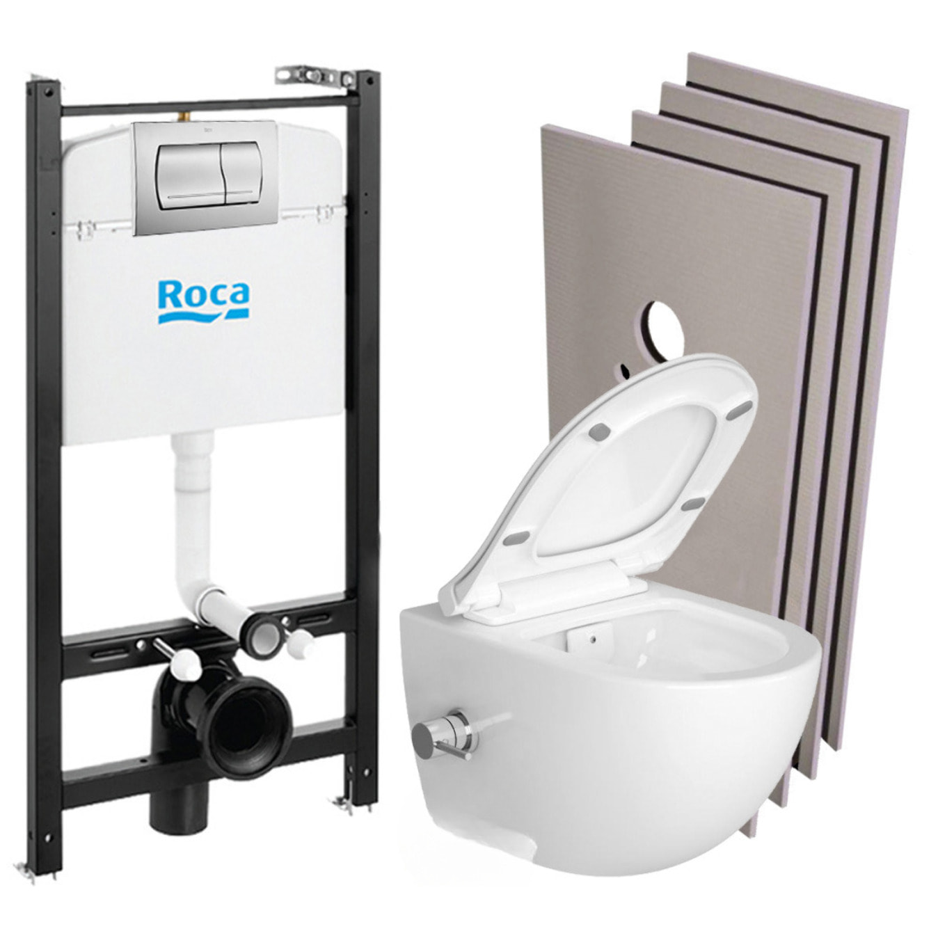 Pack Bâti-support Roca Active + WC sans bride avec fonction bidet et fixations invisibles + plaque chrome mat + Set d'habillage