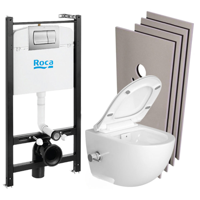 Pack Bâti-support Roca Active + WC sans bride avec fonction bidet et fixations invisibles + plaque chrome mat + Set d'habillage