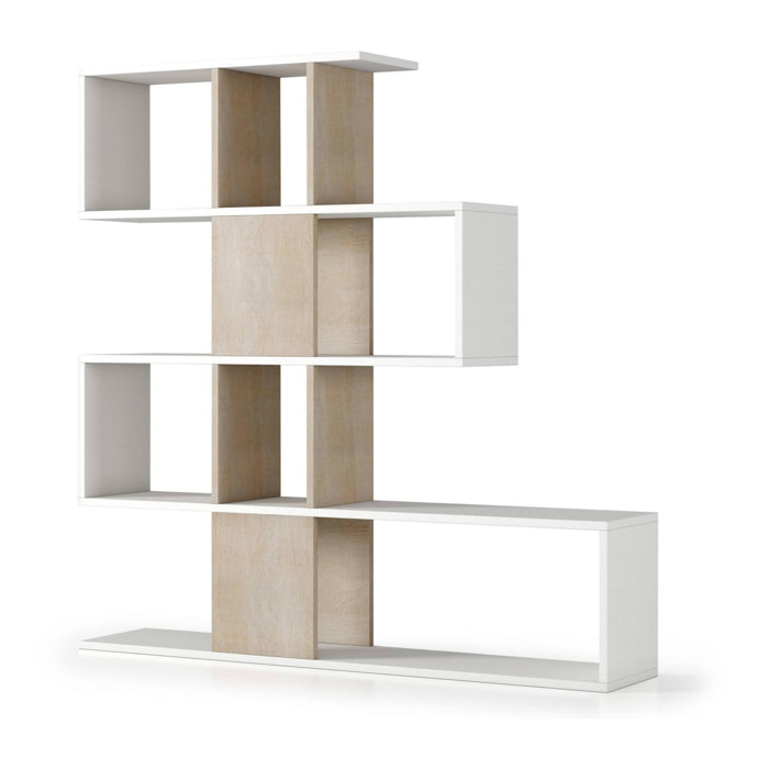 Libreria Hoya, Biblioteca bifacciali a 5 ripiani, Scaffale a zig zag per libri, Mobile da parete con ripiani, 100% Made in Italy, Cm 145x29h145, Bianco e Rovere