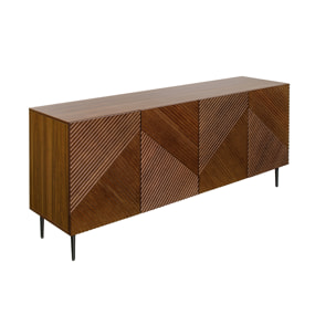 Buffet design en bois foncé chêne massif gravé et métal noir 4 portes L180 cm ARCHIPEL