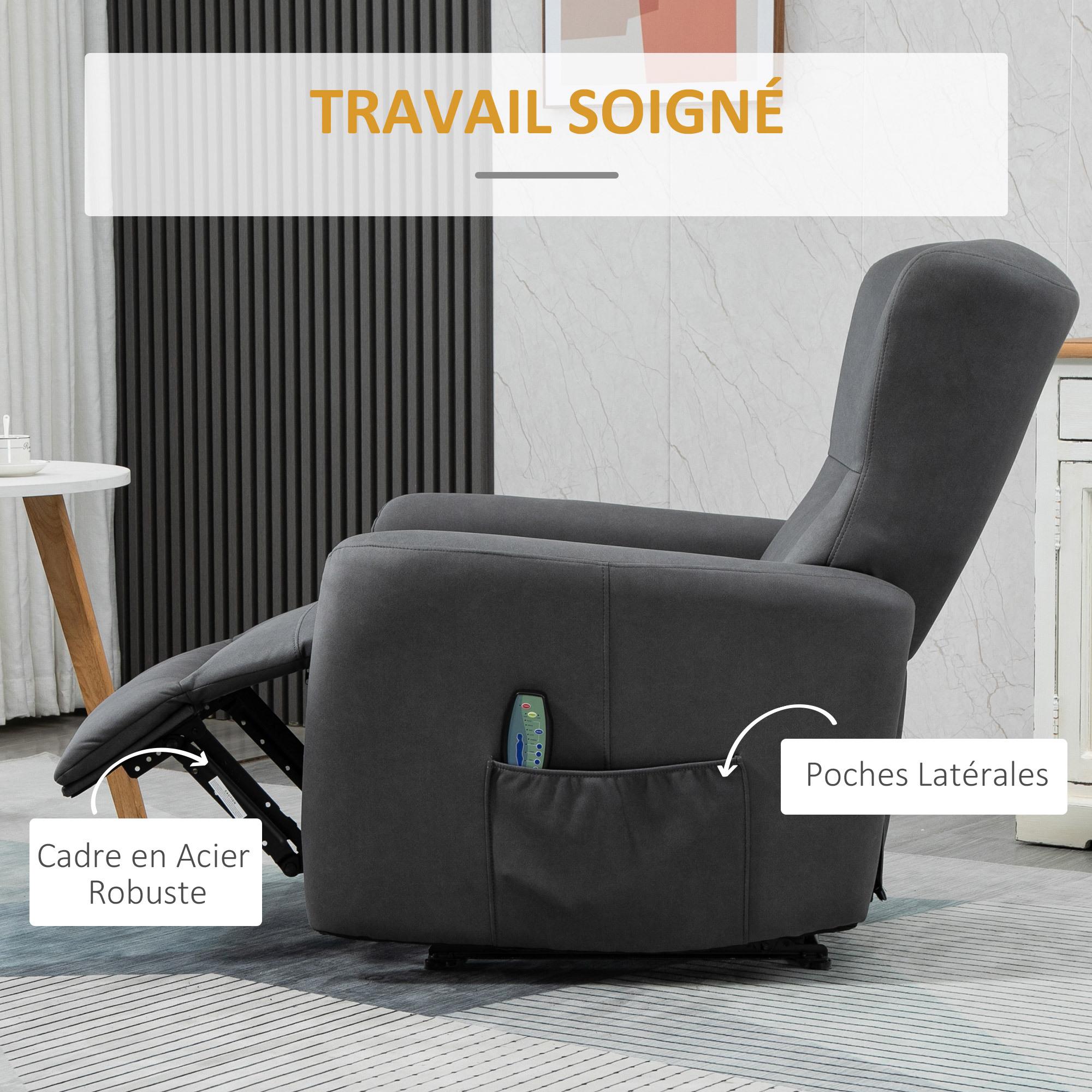 Fauteuil de relaxation inclinable 8 points de massage repose-pied ajustable microfibre polyester gris