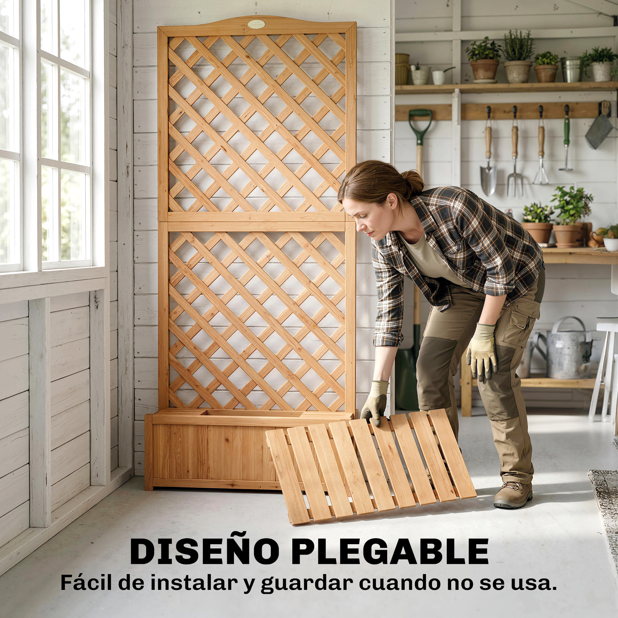 Outsunny Jardinera con Enrejado de Madera, Jardinera Exterior Grande para Plantas Trepadoras, con 2 Cajas Plegables, Base de Listones, Macetero Elevado para Patio, Terraza, 73x70x170 cm, Natural