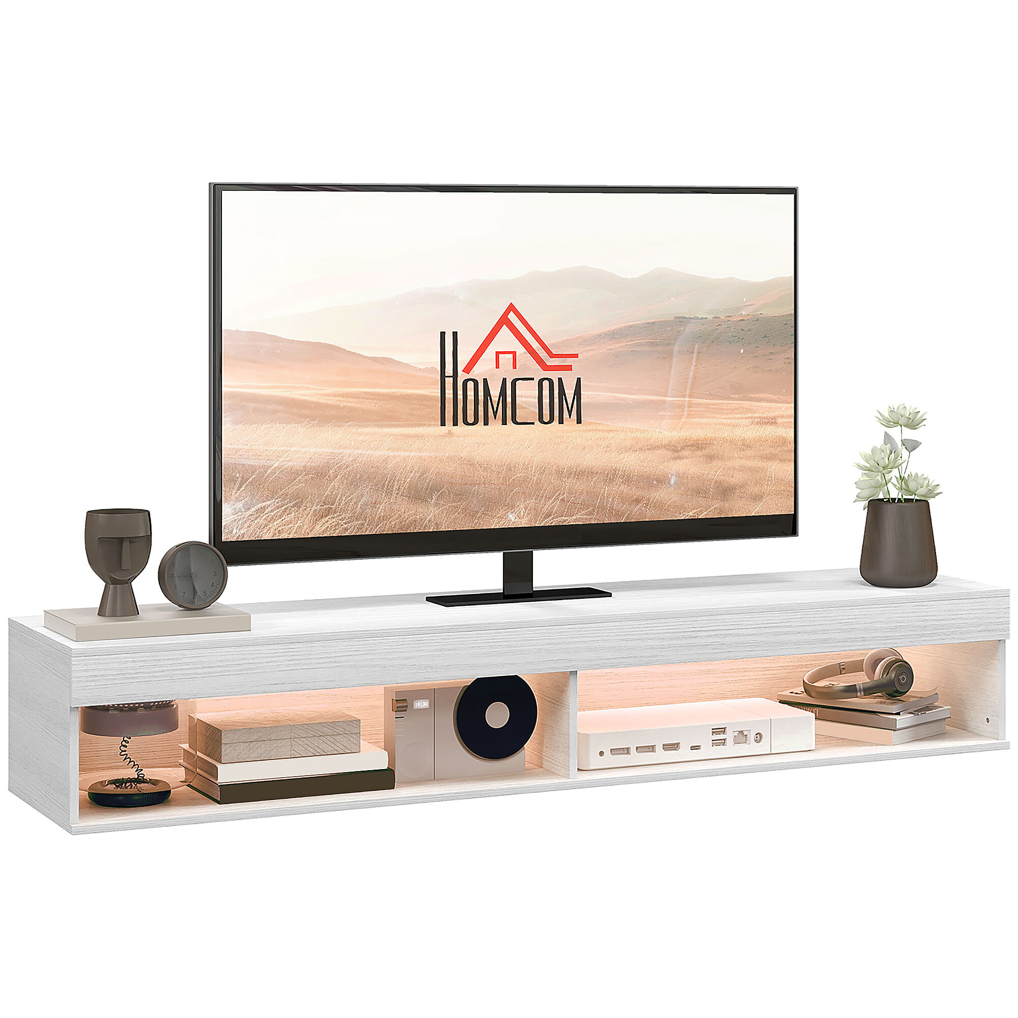 Meuble TV design LED suspendu mural - 75 pouces max. - 2 niches - dim. 180L x 40l x 30H cm - aspect bois blanc