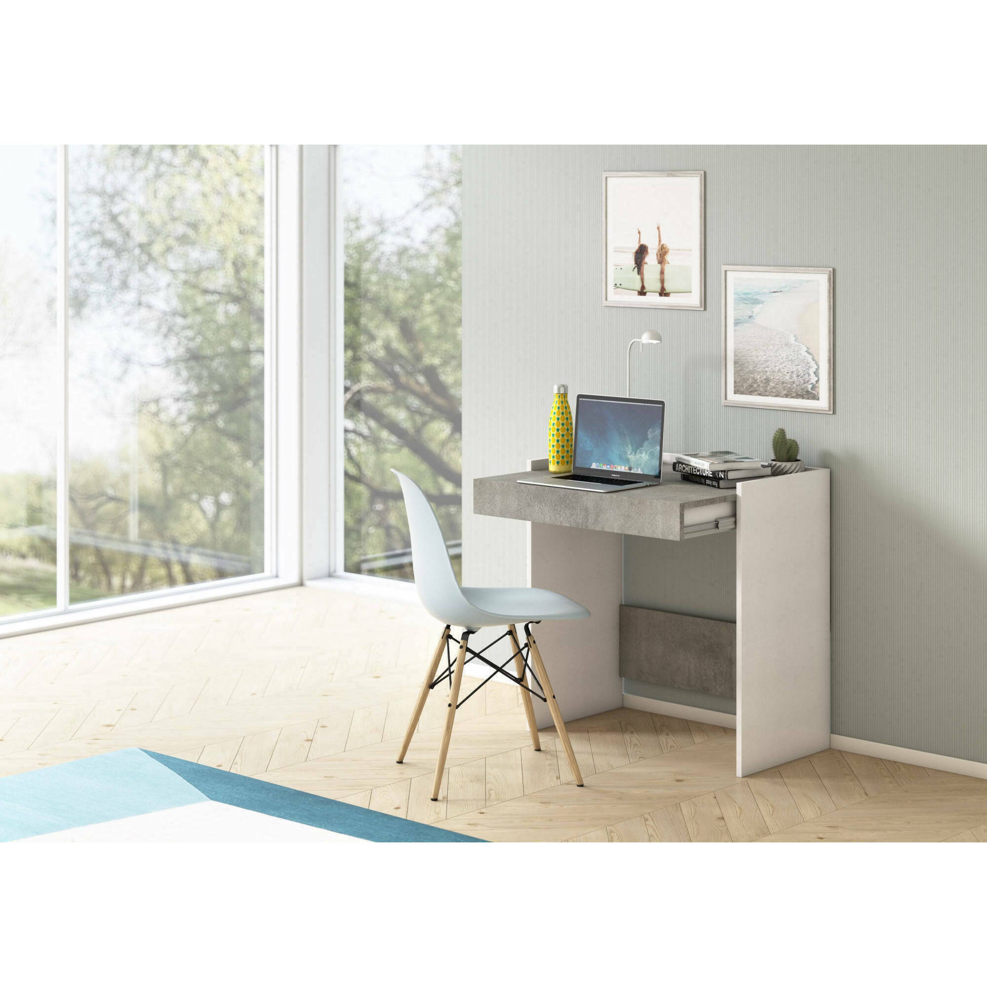 Scrivania Clematide, Scrittoio moderno con cassetto, Tavolo da studio o ufficio porta PC portalibri, 100% Made in Italy, Cm 80x40h79, Bianco e Cemento