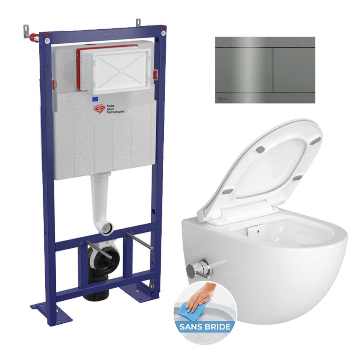 Pack WC bâti-autoportant + WC sans bride Infinitio avec bidet thermostatique + plaque en acier inoxydable, en PVD, Gun Metal
