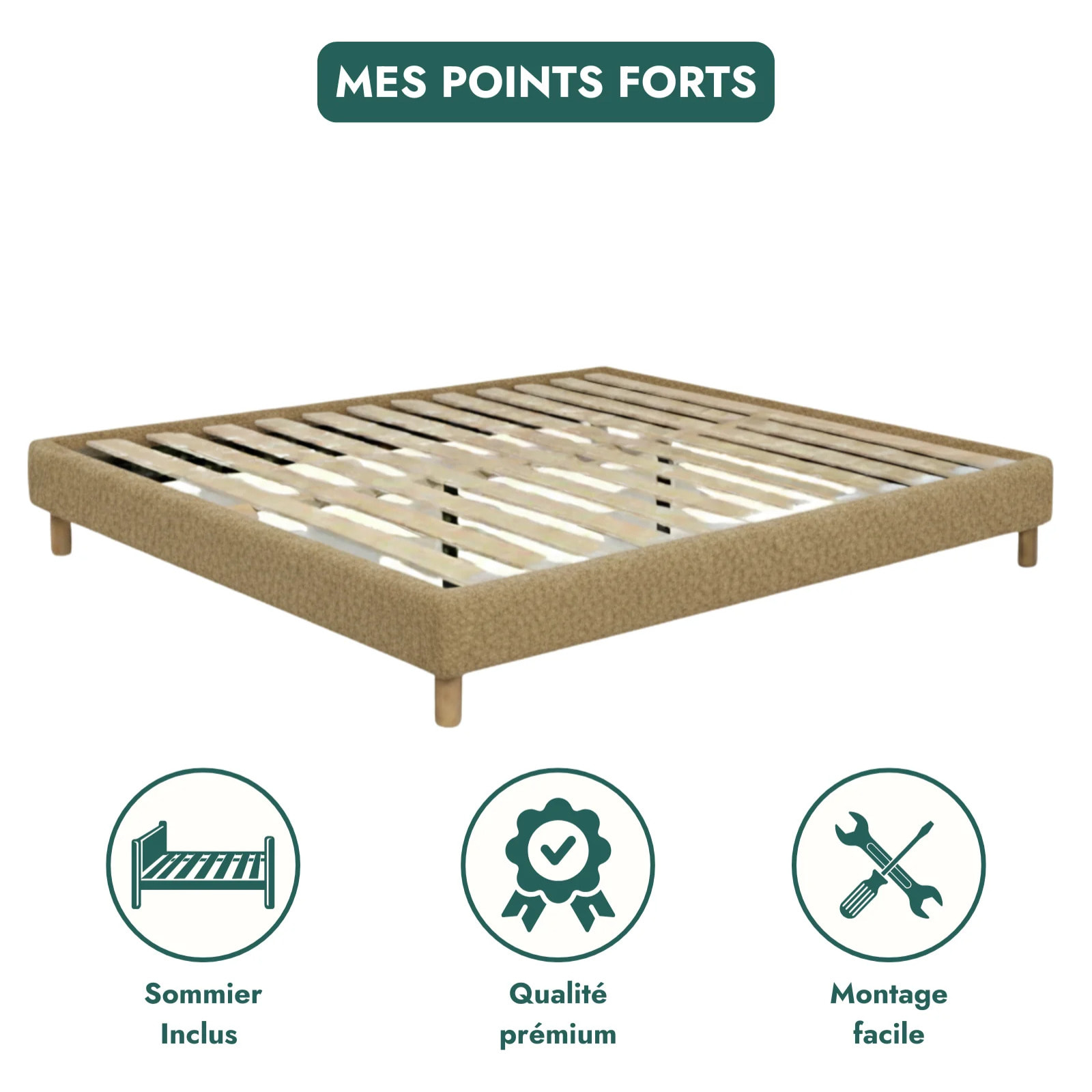 Lit Déco Cancun | Cadre à lattes | Robustesse et confort | Montage simple rapide | Bouclette | Camel