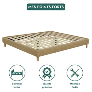 Lit Déco Cancun | Cadre à lattes | Robustesse et confort | Montage simple rapide | Bouclette | Camel