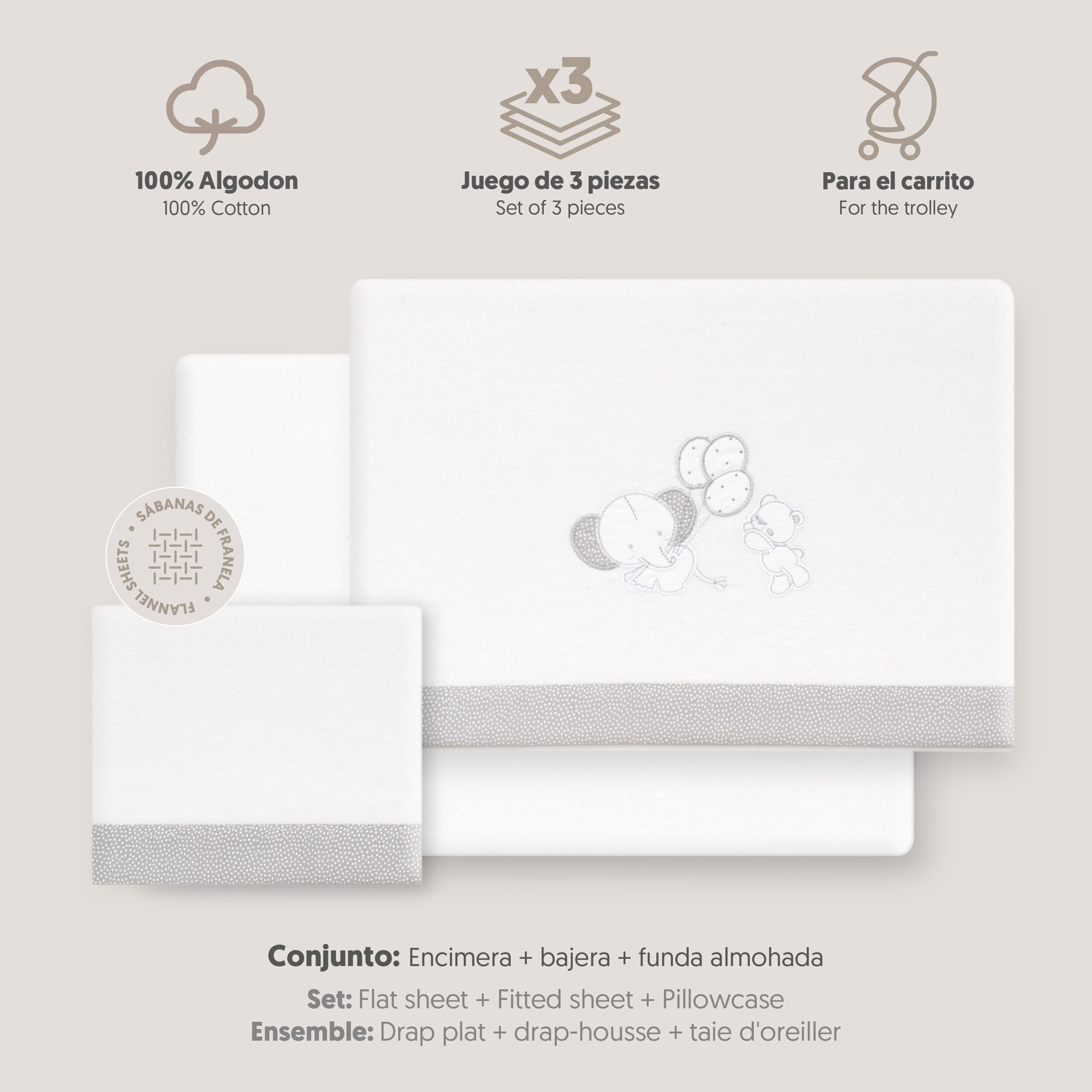Triptico Coche Franela Oso Elefante Globos Bco/Gris