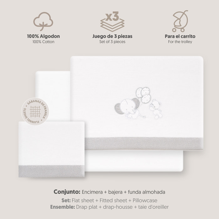 Triptico Coche Franela Oso Elefante Globos Bco/Gris