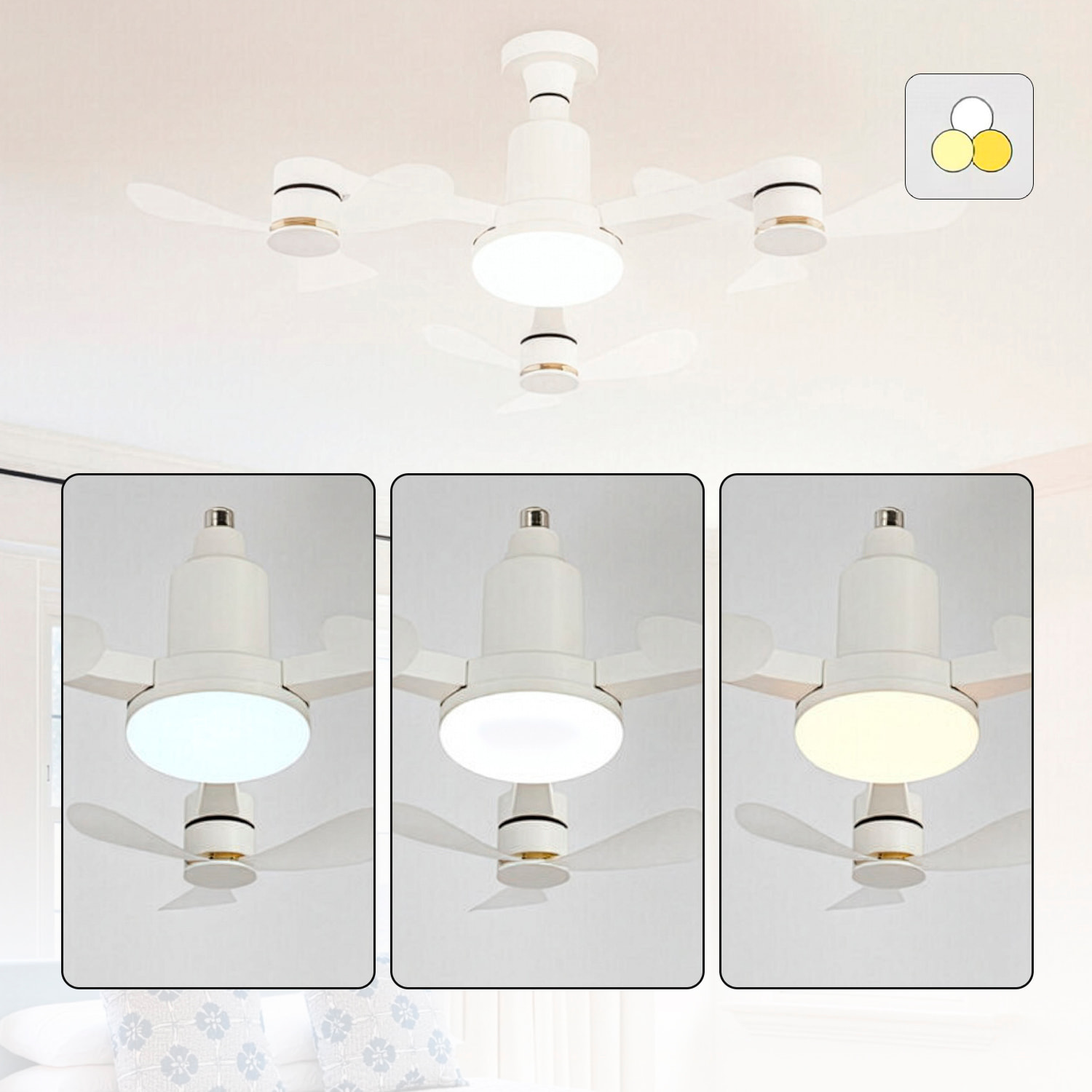 Ventilador triple de techo FS-WRJ-R680 de 68 cm. Adaptador E27, 3 velocidades y luz LED regulable de 16 W. Incluye mando a distancia.