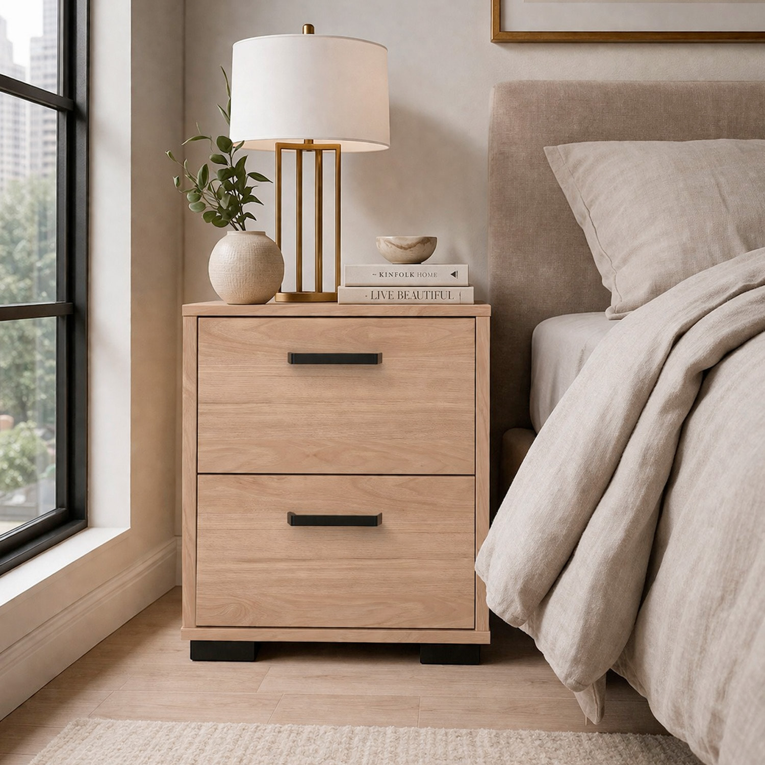 Comodino 2 Cassetti Notte Moderno Guide In Acciaio A Scorrimento Design Essenziale Salvaspazio Camera Da Letto Cameretta 40.2 x 39.8 x 44.3 Cm Rovere