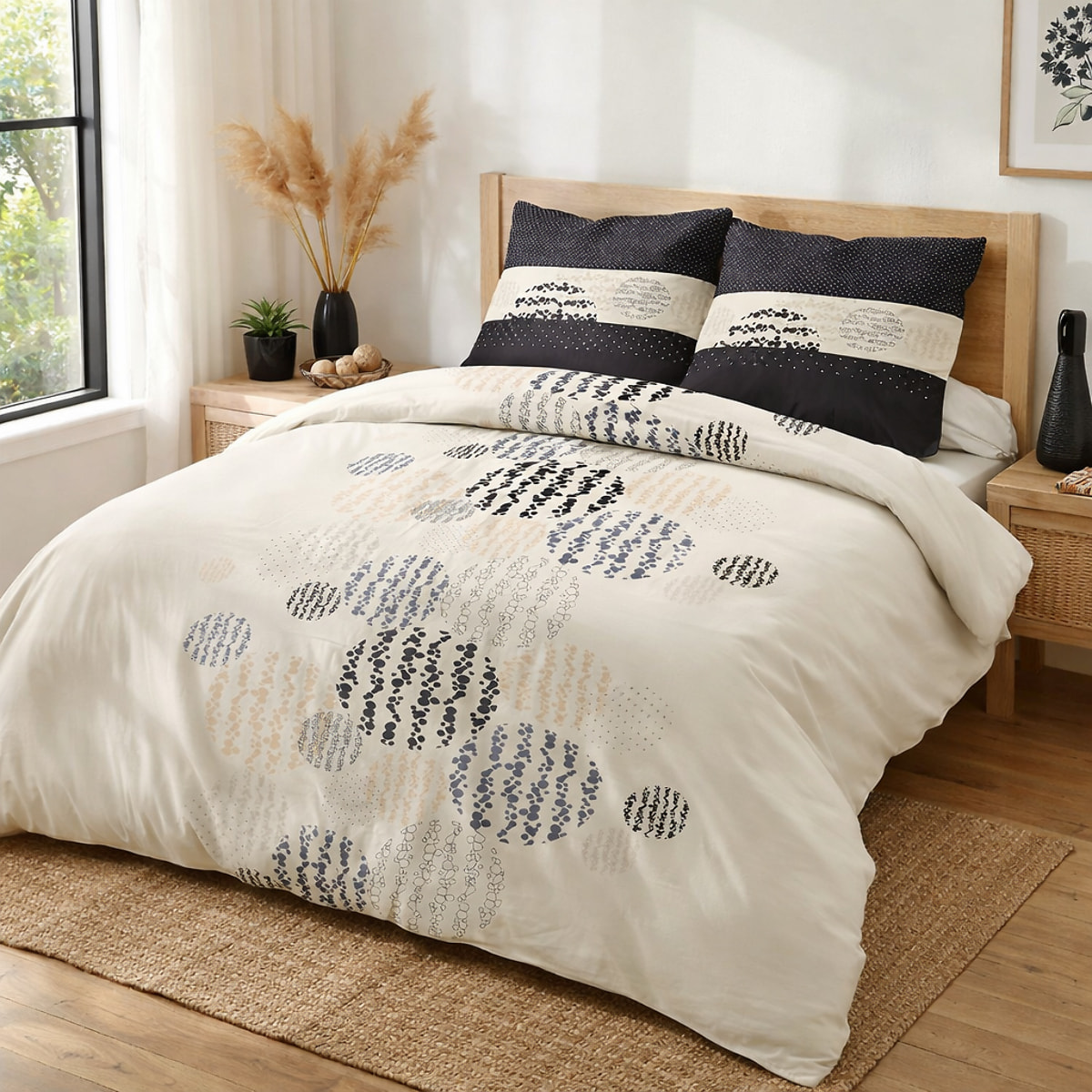 Parure Housse De Couette + 2 taies Coton 57 Fils Symbole Gris