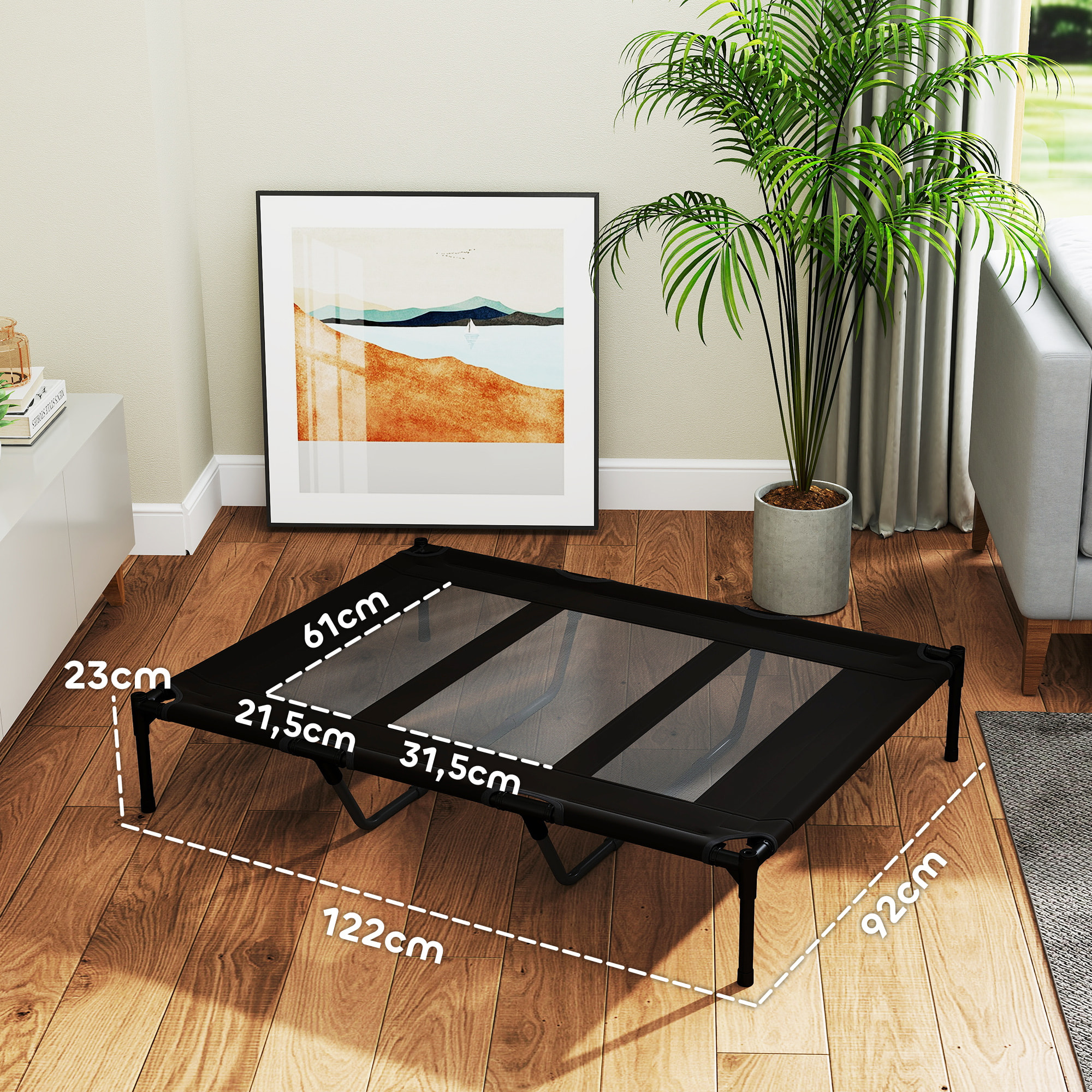 Cama Elevada para Perros Gatos Portátil Cama para Mascotas con Zona de Malla Transpirable y Tela Oxford para Interior Exterior 122x92x23 cm Negro