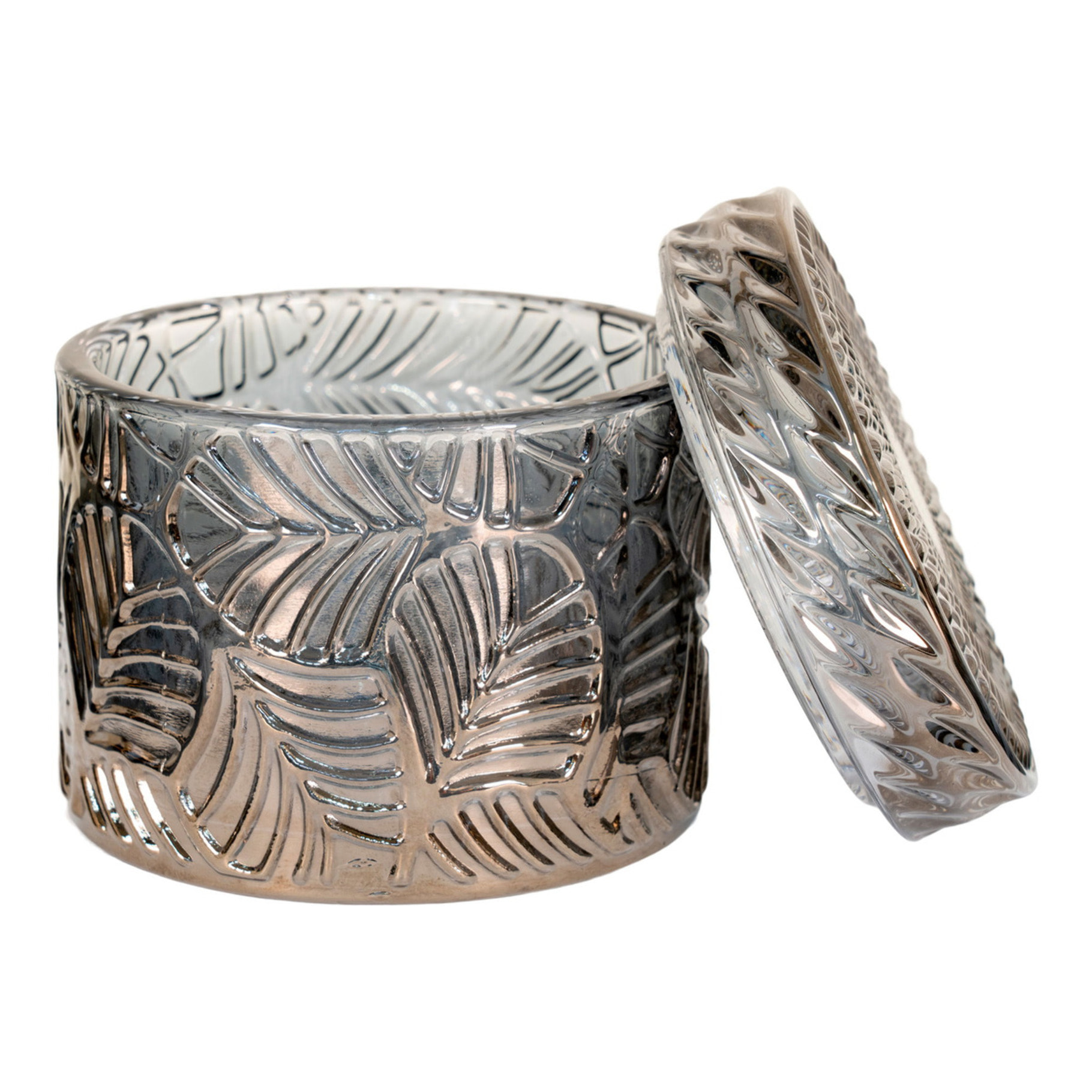 Set di 2 vasetti decorativi in vetro fumé con coperchio e motivi in rilievo ø9x8,5 cm