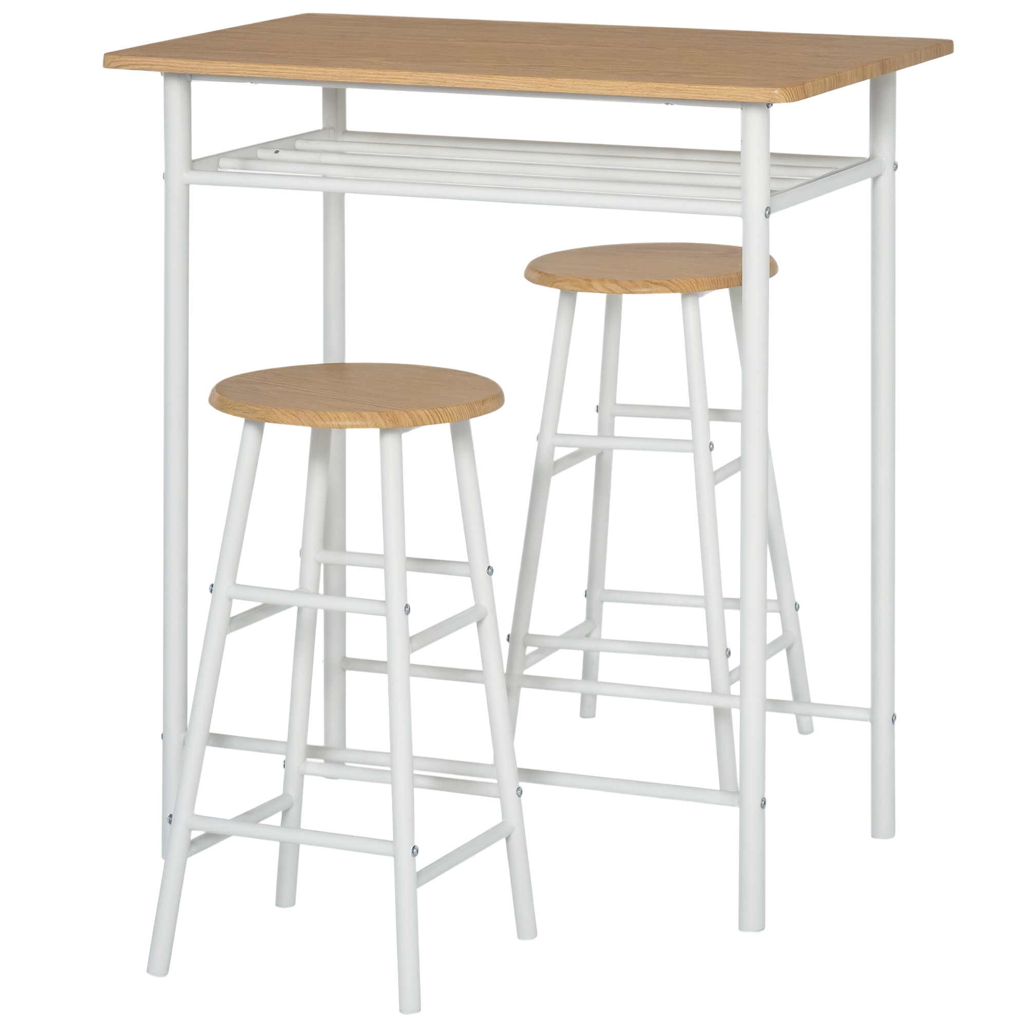 Ensemble table de bar 2 tabourets avec étagère à barreaux métal blanc effet bois clair